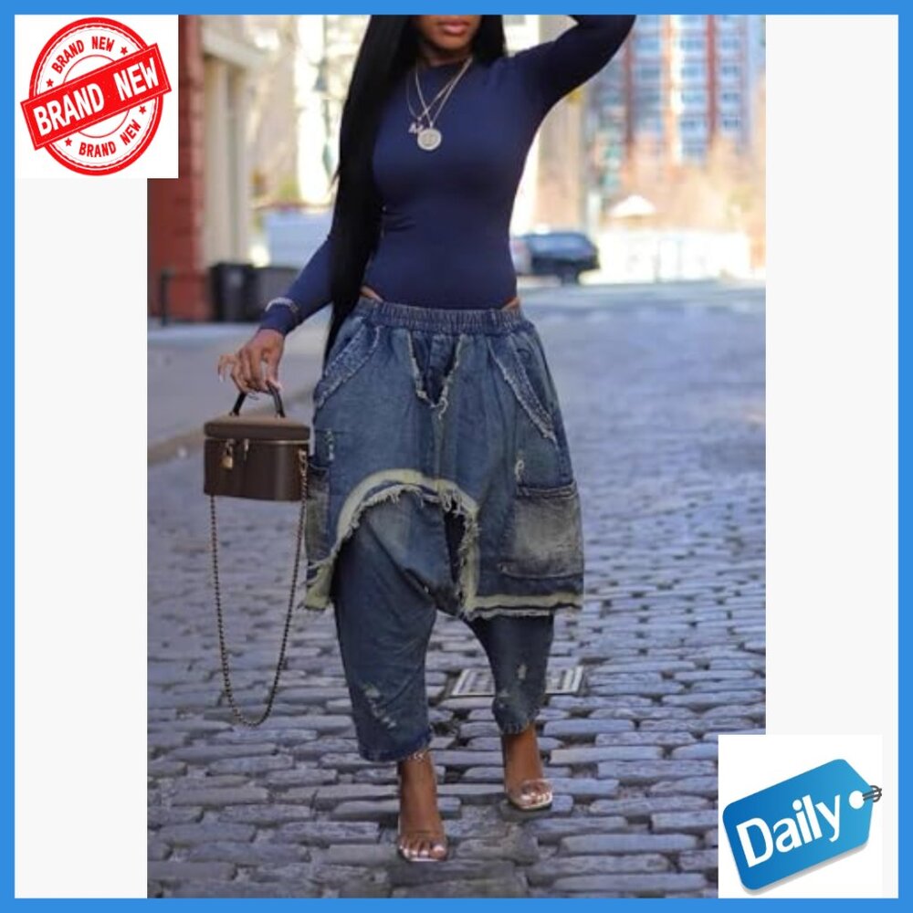 Patchwork Ripped Denim Harem Pants Elastic Waist … - image 3